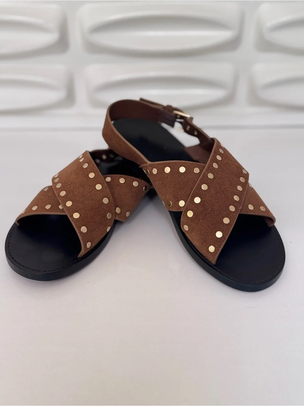 Madewell Brown Suede Crisscross Sandals with Gold Studs